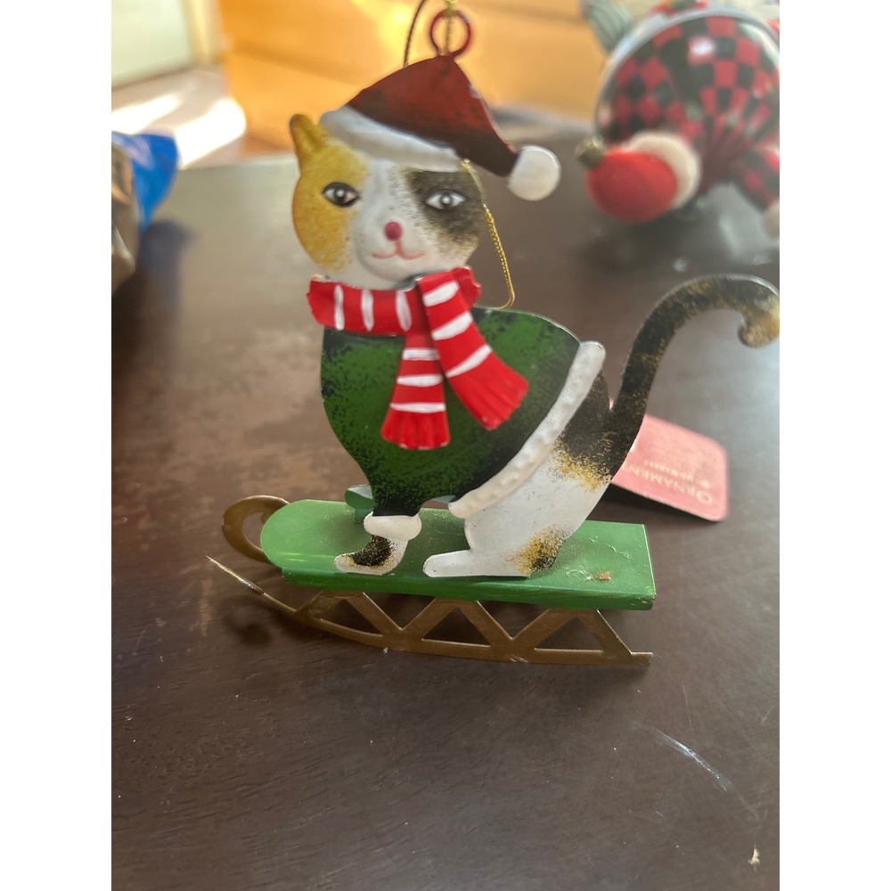 World Market Calico Cat on‎ Sled Metal Christmas Ornament Red Santa Hat Scarf